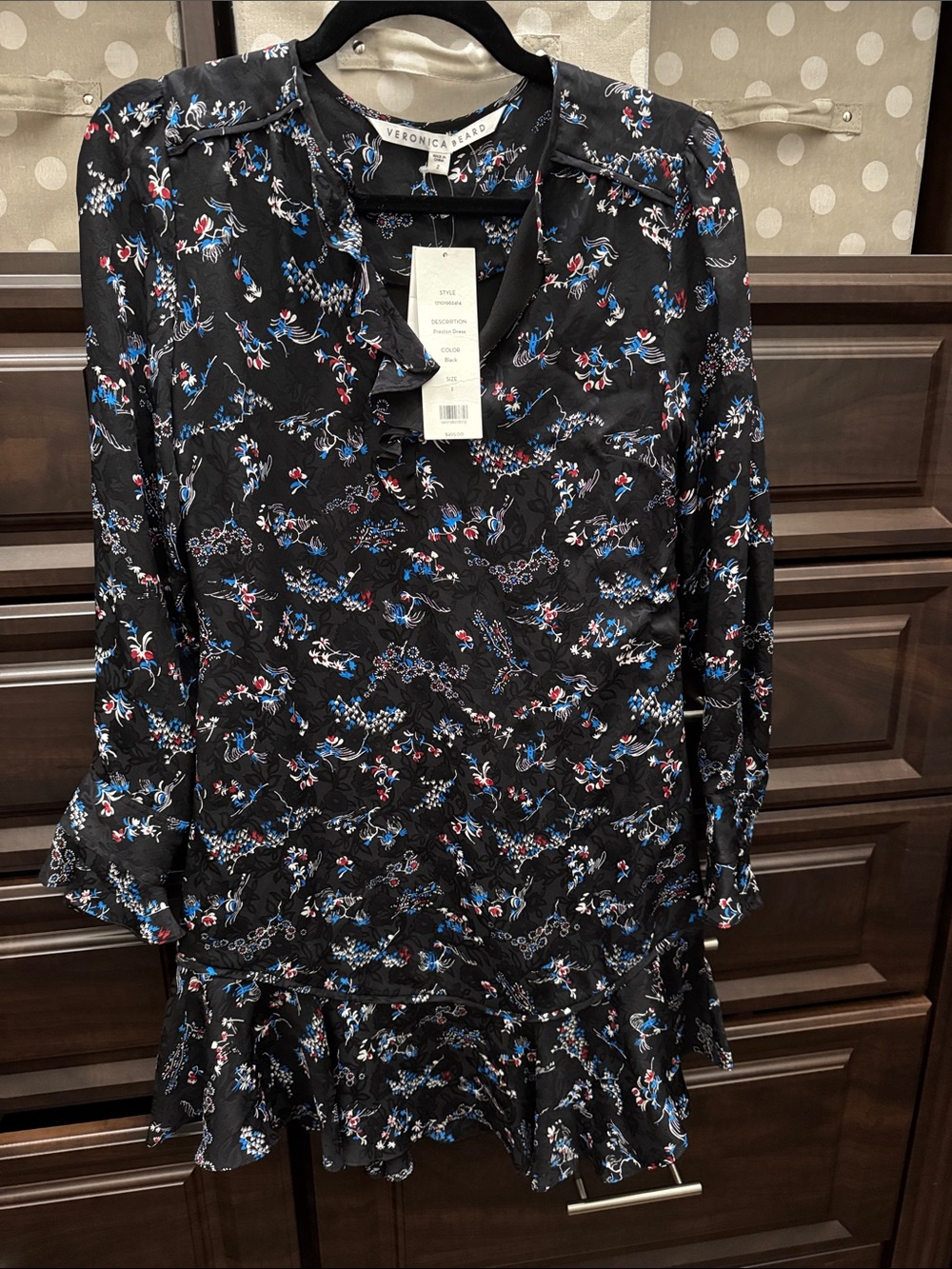 Veronica Beard Black Floral Long-Sleeve Ruffle-Hem Dress